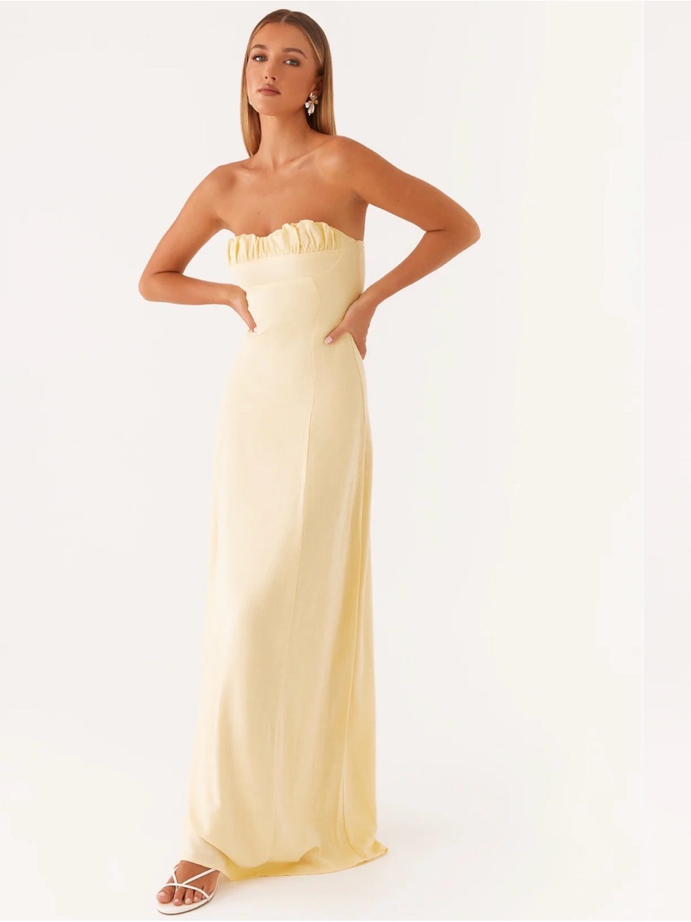 Peppermayo Strapless Ruffle-Trim Maxi Dress in Pale Yellow - Picture 3 of 11